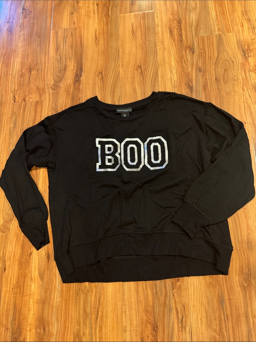 Cynthia Rowley Black Crewneck Sweater with 'BOO' Appliqué